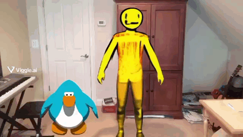 A Drawing Of A Penguin Standing Next To A Man With A Smiley Face On His Chest GIF