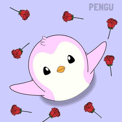 A Drawing Of A Penguin With Roses Around It And The Name Pengu On The Bottom GIF