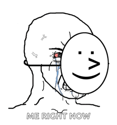 A Drawing Of A Person Covering Their Face With A Smiley Face And The Words `` Me Right Now '' . GIF