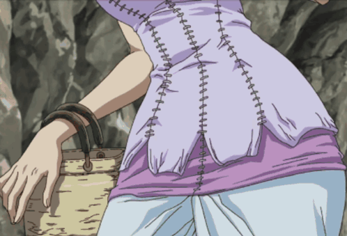 A Drawing Of A Person Holding A Basket With Stitching On The Back GIF