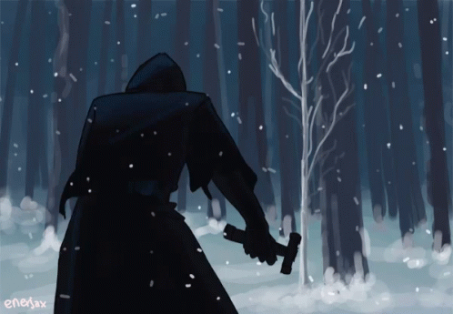 A Drawing Of A Person Holding A Hammer In A Snowy Forest With The Name Enerjax Written Below It GIF