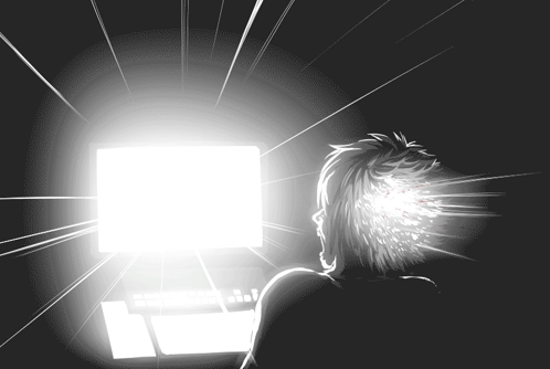 a drawing of a person looking at a computer monitor