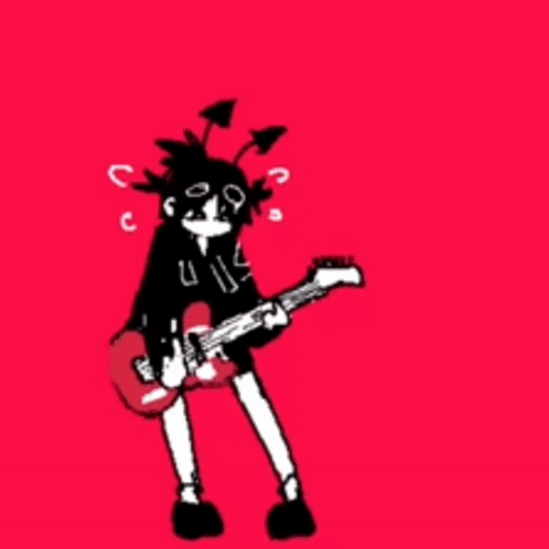 A Drawing Of A Person Playing A Guitar On A Red Background GIF
