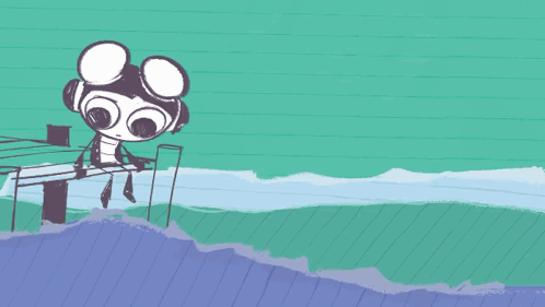 A Drawing Of A Person Sitting On A Dock With A Green Swirl In The Water GIF
