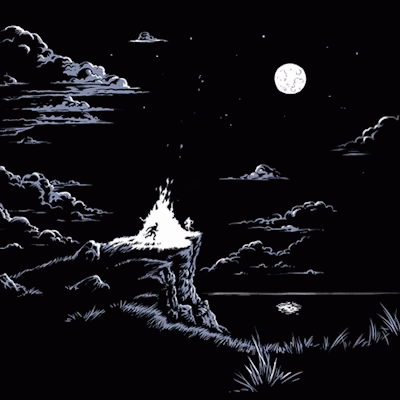 A Drawing Of A Person Standing On A Cliff With A Fire In The Background GIF