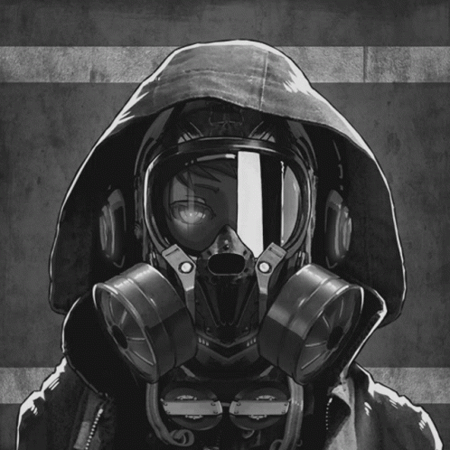 A Drawing Of A Person Wearing A Gas Mask And A Hood GIF