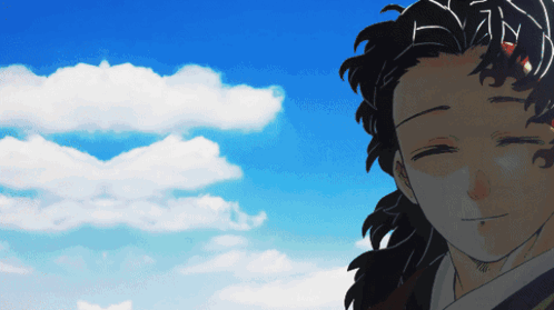 A Drawing Of A Person With A Blue Sky And Clouds Behind Them GIF