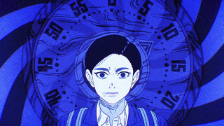 A Drawing Of A Person With A Clock Around Their Head That Shows The Time As 10:10 GIF