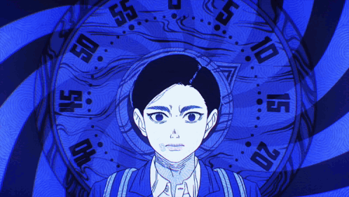 A Drawing Of A Person With A Clock In The Background That Shows The Time As 10:10 GIF