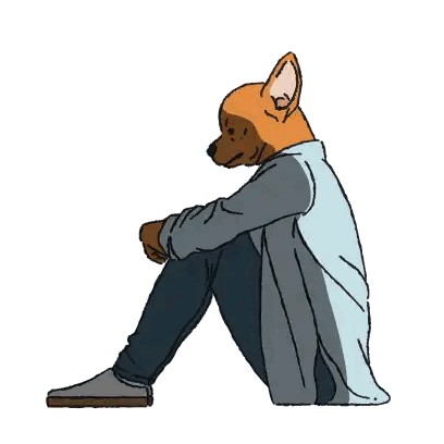 a drawing of a person with a dog head sitting down