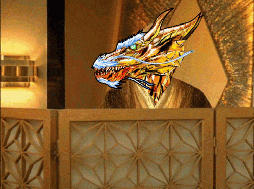 A Drawing Of A Person With A Dragon 'S Head On Their Head GIF