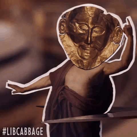 A Drawing Of A Person With A Gold Mask On Their Head And The Hashtag Libcabbage GIF