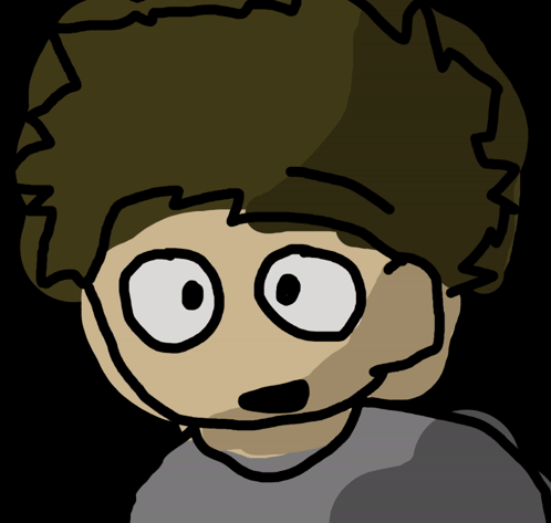 A Drawing Of A Person With Big Eyes And A Gray Shirt GIF