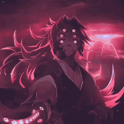 A Drawing Of A Person With Many Eyes And A Sword GIF