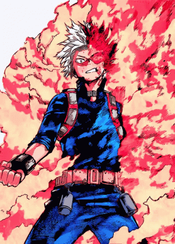 A Drawing Of A Person With Red And White Hair And A Blue Shirt GIF
