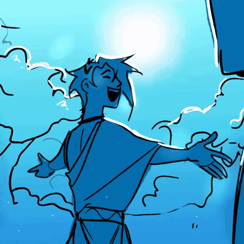 A Drawing Of A Person With Their Arms Outstretched In Front Of A Blue Sky GIF