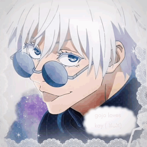 A Drawing Of A Person With White Hair And Glasses With The Words Gojo Loves Kay Written On The Bottom GIF