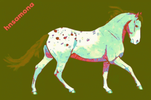 A Drawing Of A Pink And White Spotted Horse With A Green Mane GIF