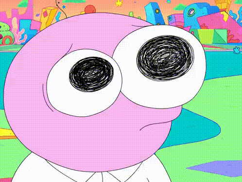 A Drawing Of A Pink Cartoon Character With Big Eyes And A White Shirt GIF