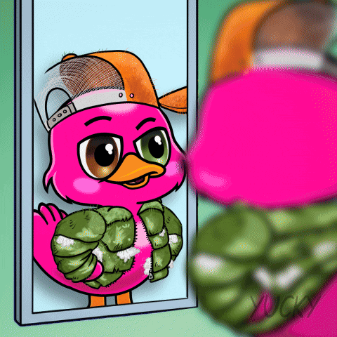 A Drawing Of A Pink Duck Wearing A Hat And Jacket GIF