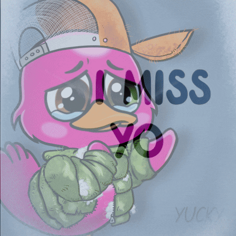 A Drawing Of A Pink Flamingo With The Words " I Miss You " On The Bottom GIF