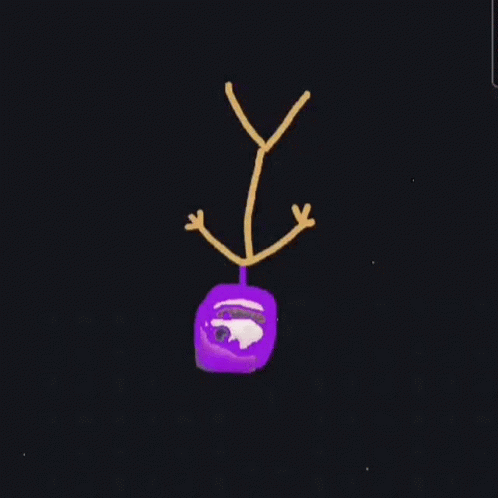 A Drawing Of A Purple Object With A Yellow Stick Sticking Out Of It On A Black Background . GIF