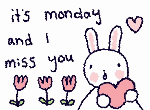 a drawing of a rabbit holding a heart with the words it 's monday and i miss you