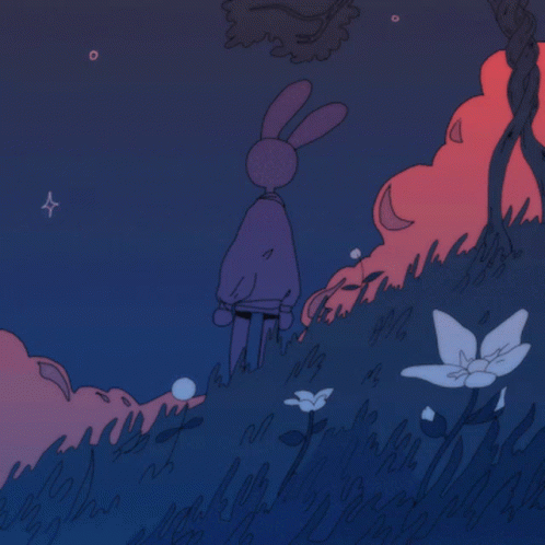 A Drawing Of A Rabbit In A Field With Flowers And Trees GIF