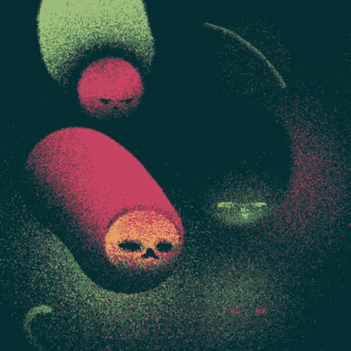 A Drawing Of A Red And Green Object With Faces On It GIF