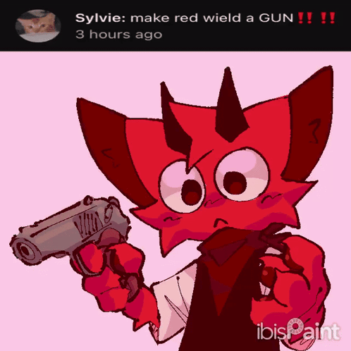 A Drawing Of A Red Cat Holding A Gun GIF