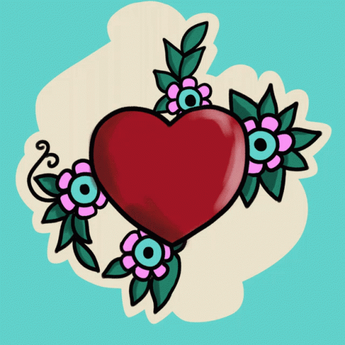 A Drawing Of A Red Heart Surrounded By Pink Flowers And Green Leaves GIF