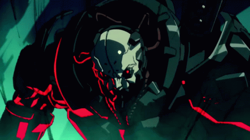 A Drawing Of A Robot With A Skull On It 'S Head GIF
