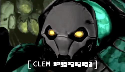 A Drawing Of A Robot With Glowing Eyes And The Words `` Clem '' Written Below It . GIF