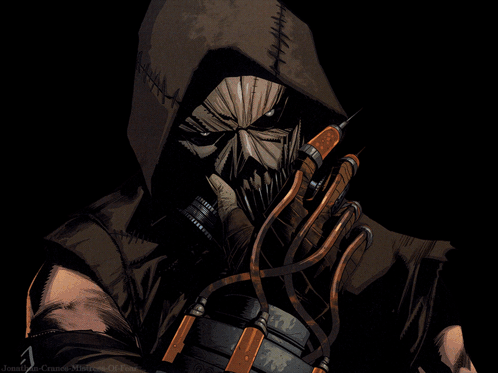 A Drawing Of A Scarecrow With A Syringe In His Hand And The Name Jonathan Crane On The Bottom GIF