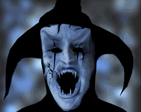 A Drawing Of A Scary Face With Fangs And A Black Hat GIF