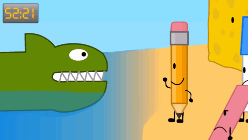 A Drawing Of A Shark And A Pencil With A Clock That Says 52.21 GIF