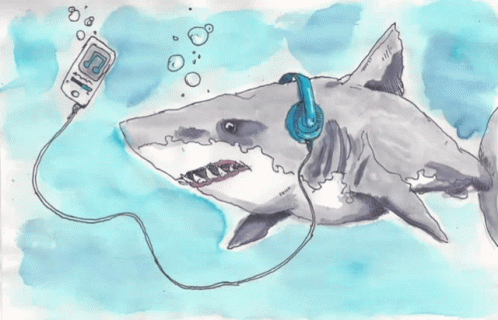 A Drawing Of A Shark Wearing Headphones With The Words Almost Heaven West Virginia On It GIF