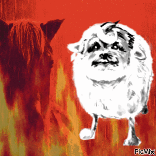 A Drawing Of A Sheep Standing In Front Of A Fire With Picmix In The Bottom Right Corner GIF