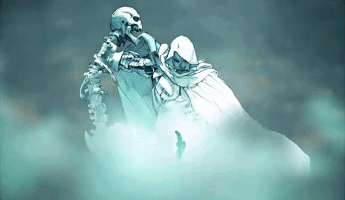 A Drawing Of A Skeleton And A Man In A Hood GIF