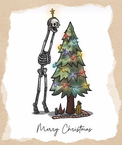 A Drawing Of A Skeleton Standing Next To A Christmas Tree With The Words Merry Christmas Written Below It GIF