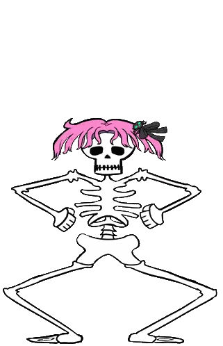 a drawing of a skeleton with pink hair and a bow on her head