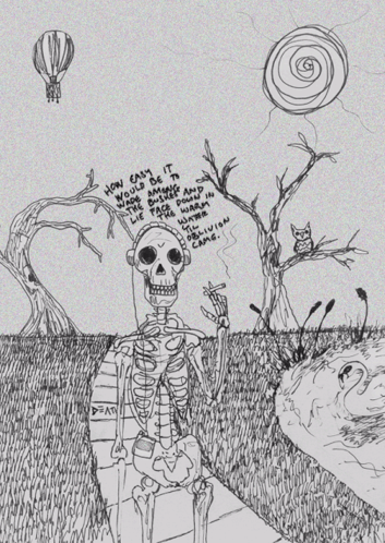 A Drawing Of A Skeleton With The Words How Easy It Would Be To Wage Among The Bushes GIF