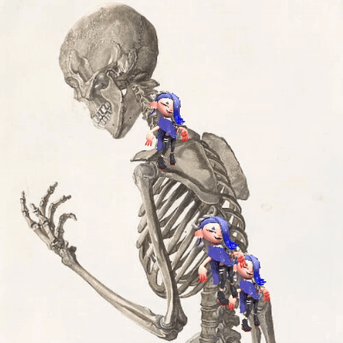 A Drawing Of A Skeleton With Three Cartoon Characters On Top GIF