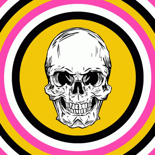 A Drawing Of A Skull In A Circle With A Pink And Yellow Background GIF