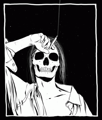 A Drawing Of A Skull Smoking A Cigarette With Smoke Coming Out Of It GIF