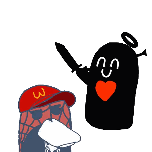 a drawing of a spiderman holding a knife next to a black object with a heart