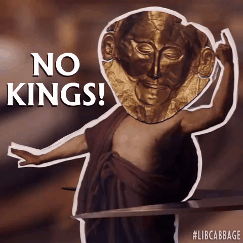 A Drawing Of A Statue With The Words No Kings On It GIF