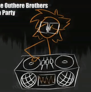 A Drawing Of A Stick Figure Sitting On A Box With The Words " The Outhere Brothers " On It GIF