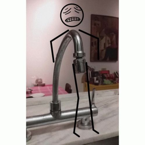 A Drawing Of A Stick Figure Standing Next To A Faucet With A Sad Face Drawn On It GIF
