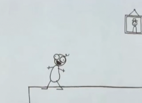 a drawing of a stick figure standing on a ledge next to a picture on a wall .